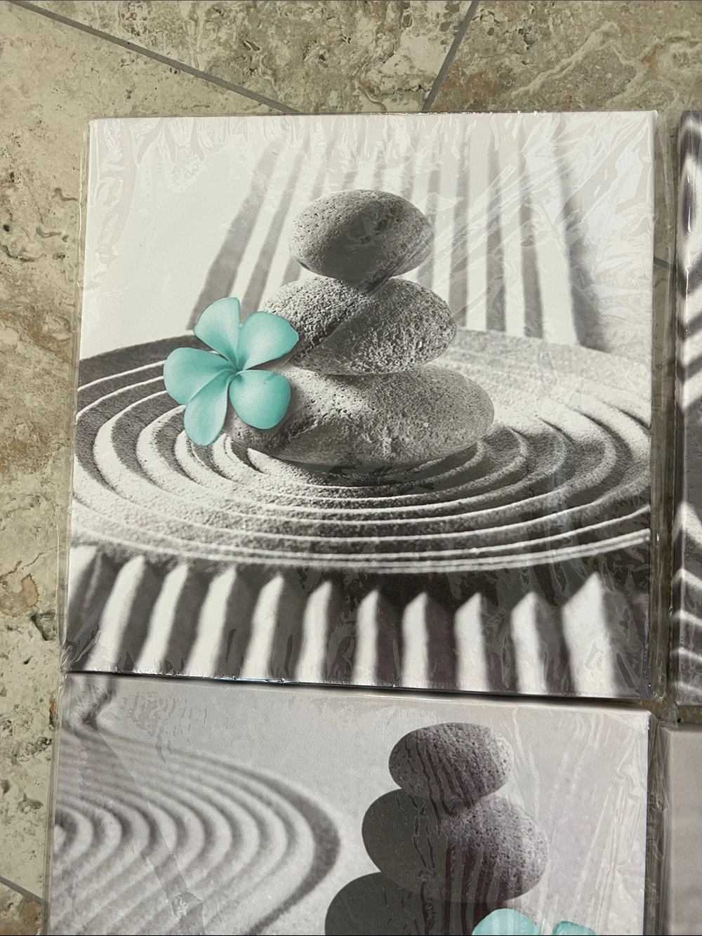 Zen Stone Wall Art Set with Teal Flower – Home Bath- set of 4 - 12”x12”